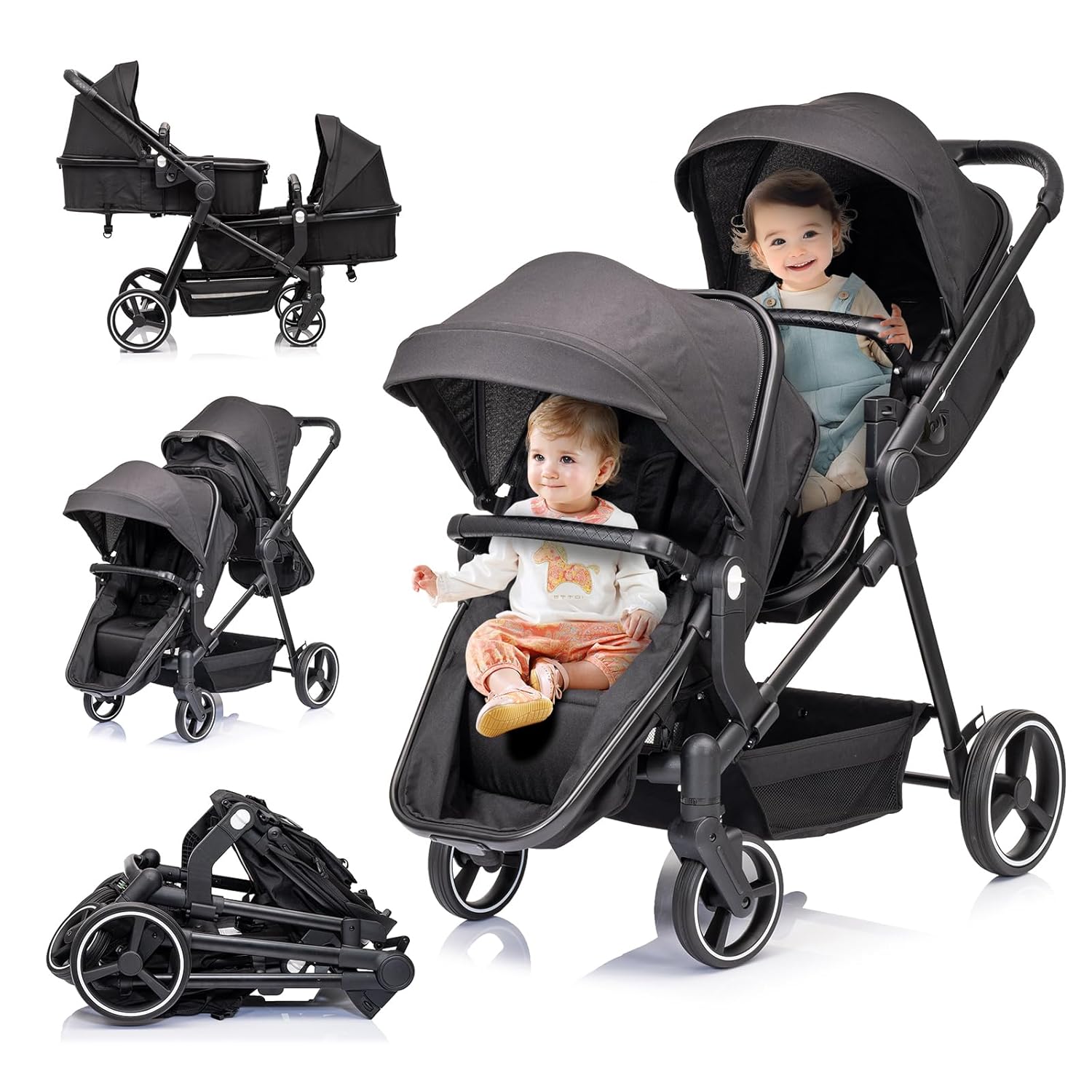 Twins Stroller,Single - Double Lightweight Travel Folding Stroller Reversible Bassinet Pram for Newborn&Toddler with 5-Point Harness,Adjustable Canopy,Guardrails,Storage