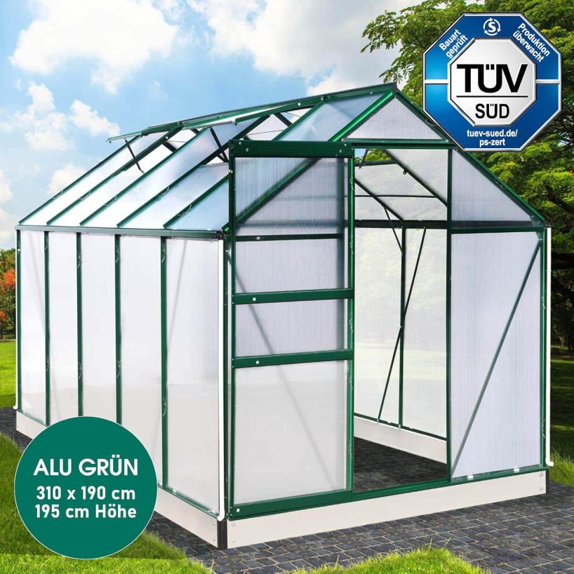 BRAST Greenhouse Aluminium with Base 310 x 190 x 195 cm TÜV Tested, 6 mm Hollow Chamber Panels, Rustproof, Weatherproof, Temperature-Resistant