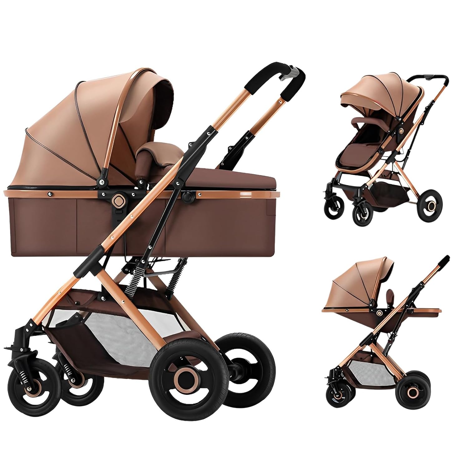 2 in 1 Convertible Baby Stroller Newborn Reversible Bassinet Pram, Foldable Pushchair with Adjustable Canopy Folding High Landscape Infant Carriage, Anti-Shock Toddler Pushchair