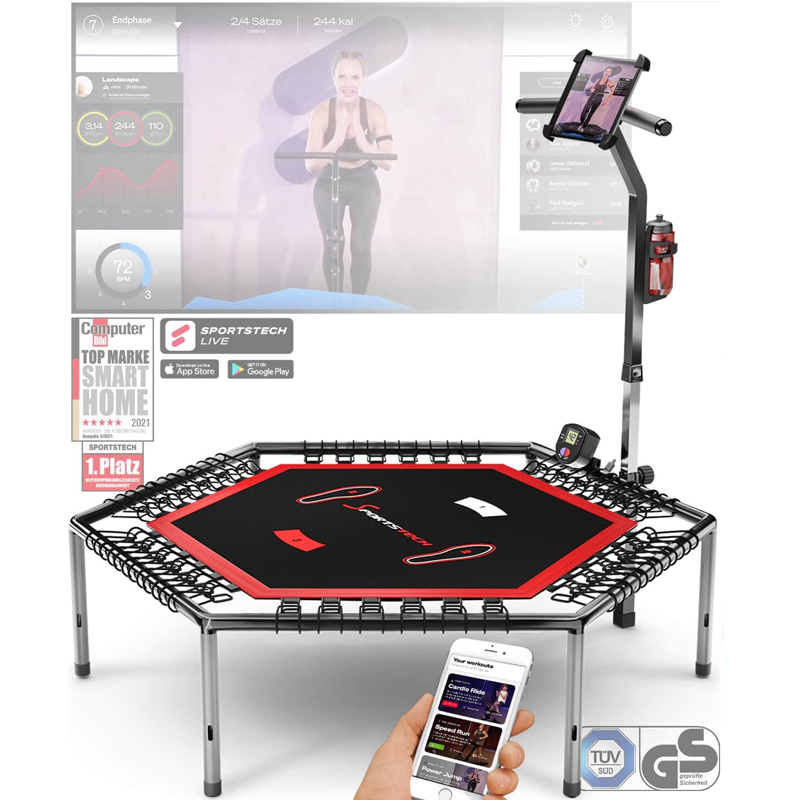 Sportstech HTX100 Folding Trampoline, German Quality Brand Fitness Trampoline with Handle, Indoor Jumping for Children and Adults, TÜV/GS, Jump Counter, App