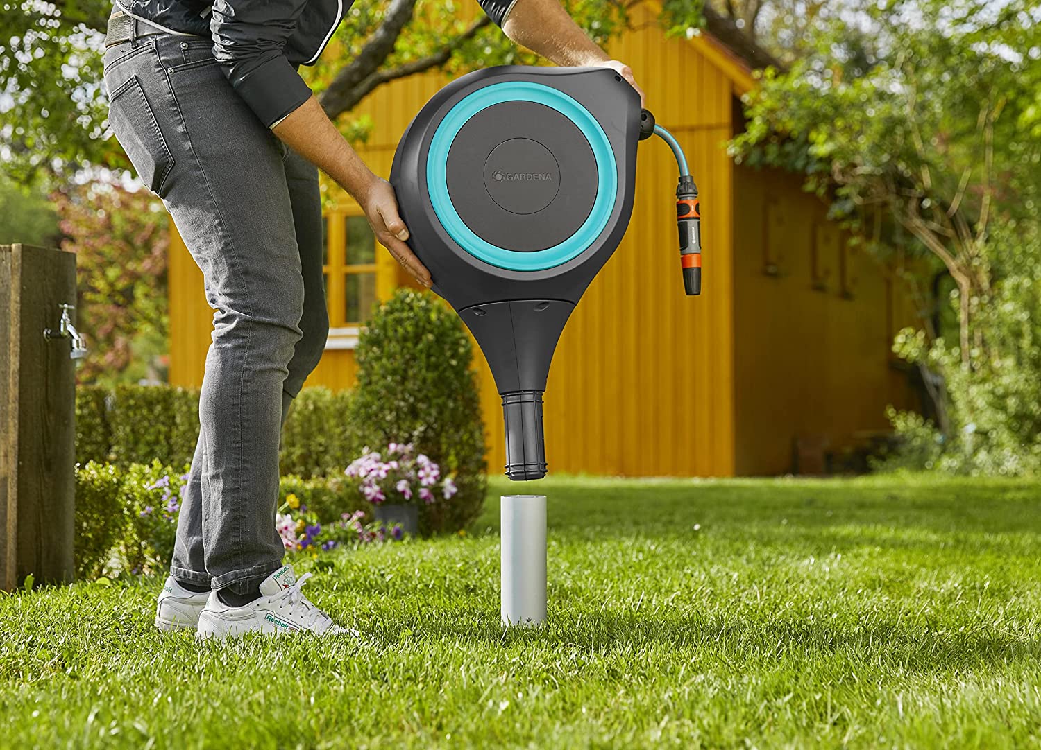 66 Foot Auto Retractable Hose Reel on Metal Spike