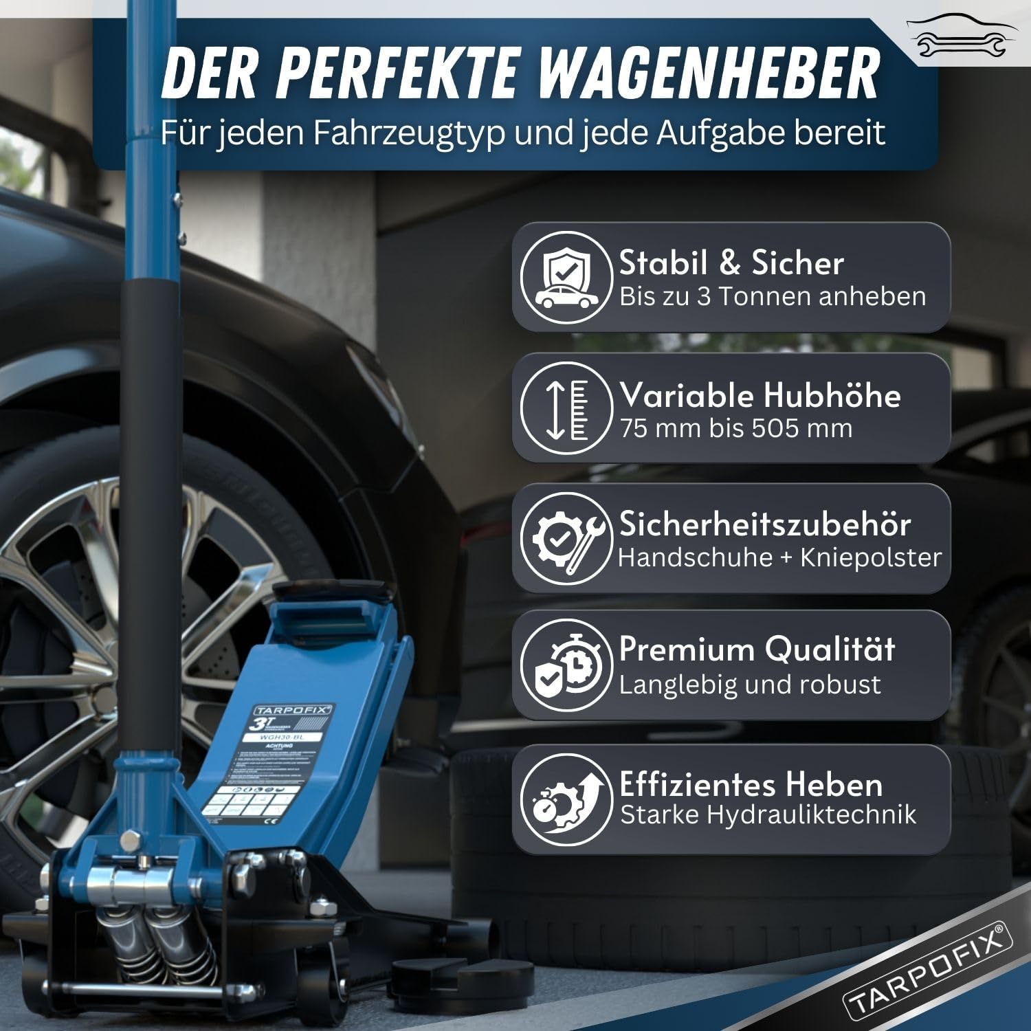 Tarpofix® 3t Flat Hydraulic Jack | Double Cylinder | Fits SUVs & Lowered Cars, 75-505mm Lift