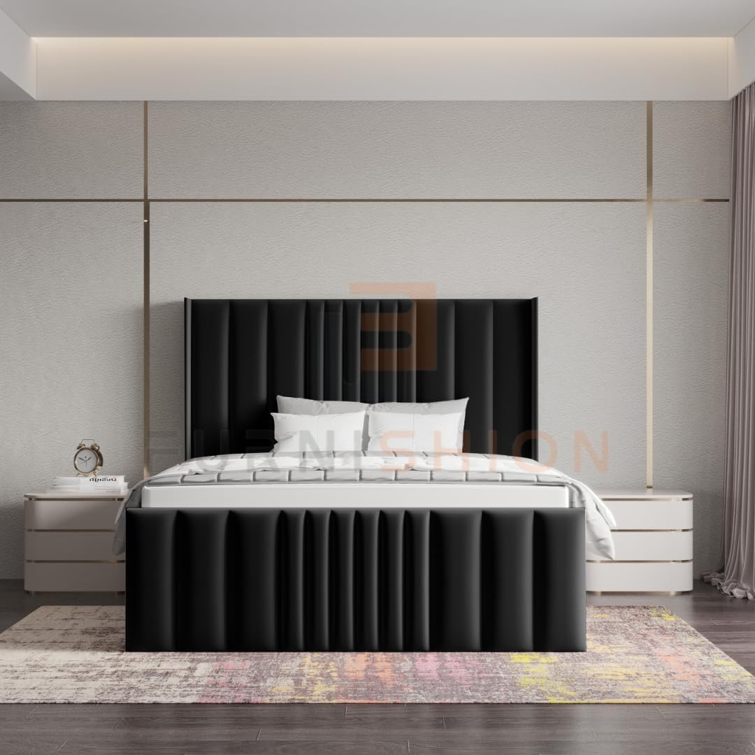 Furnishion Ottoman Bed - Black Velvet Double Bed with Storage - Panel 4ft6 Bed - Mattress Not Included & 48inch High Headboard