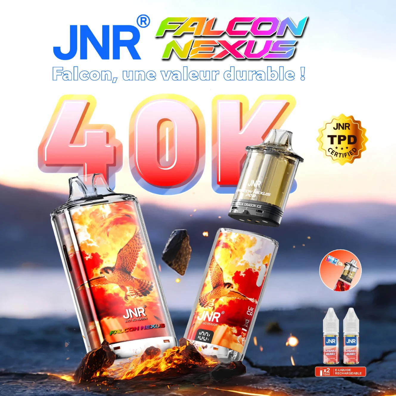 JNR Falcon Nexus 40000 Puffs - Kit Pod Amovible, Remplissable & Réservoir Transparent