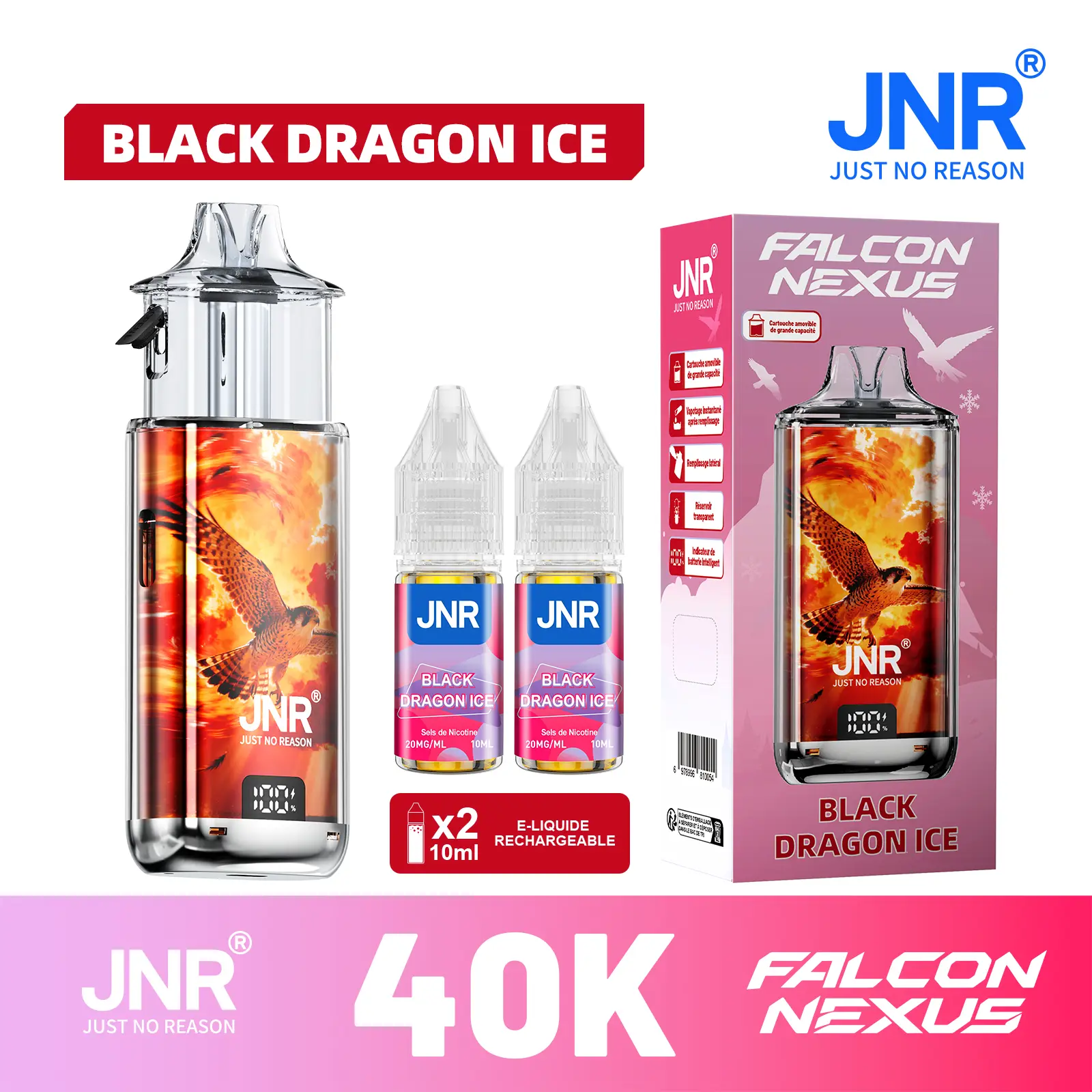 JNR Falcon Nexus 40000 Puffs - Kit Pod Amovible, Remplissable & Réservoir Transparent - JNR Official FR