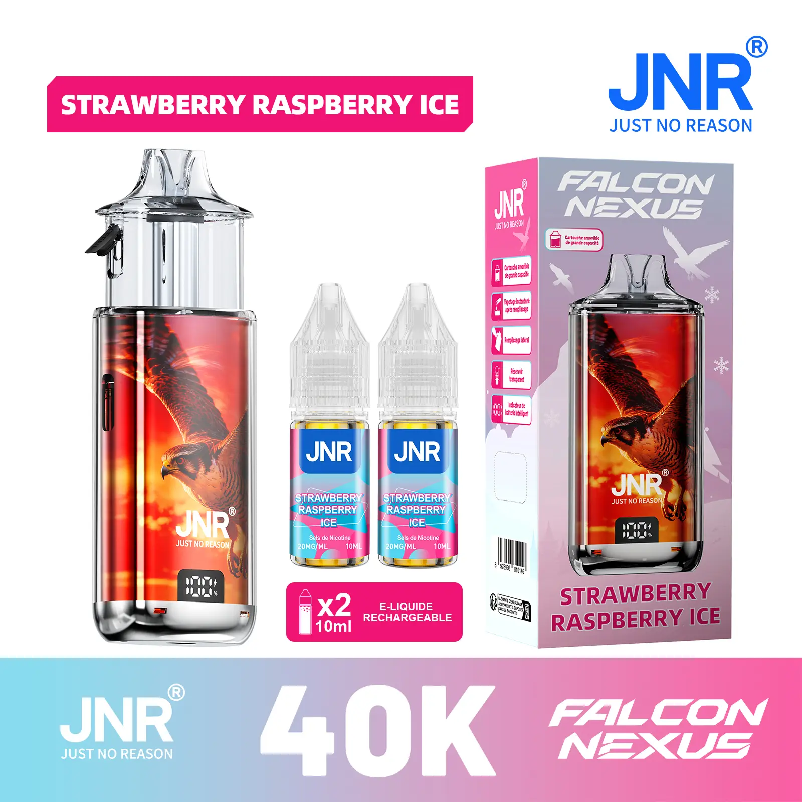 JNR Falcon Nexus 40000 Puffs - Kit Pod Amovible, Remplissable & Réservoir Transparent - JNR Official FR