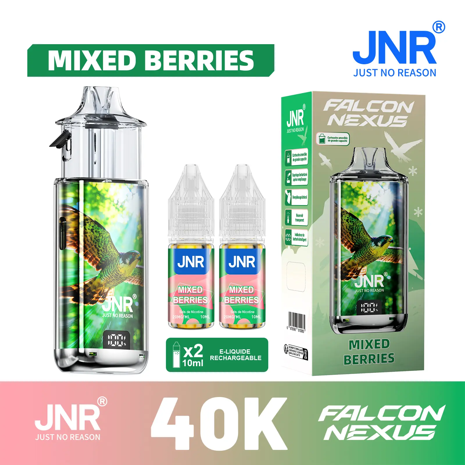 JNR Falcon Nexus 40000 Puffs - Kit Pod Amovible, Remplissable & Réservoir Transparent - JNR Official FR