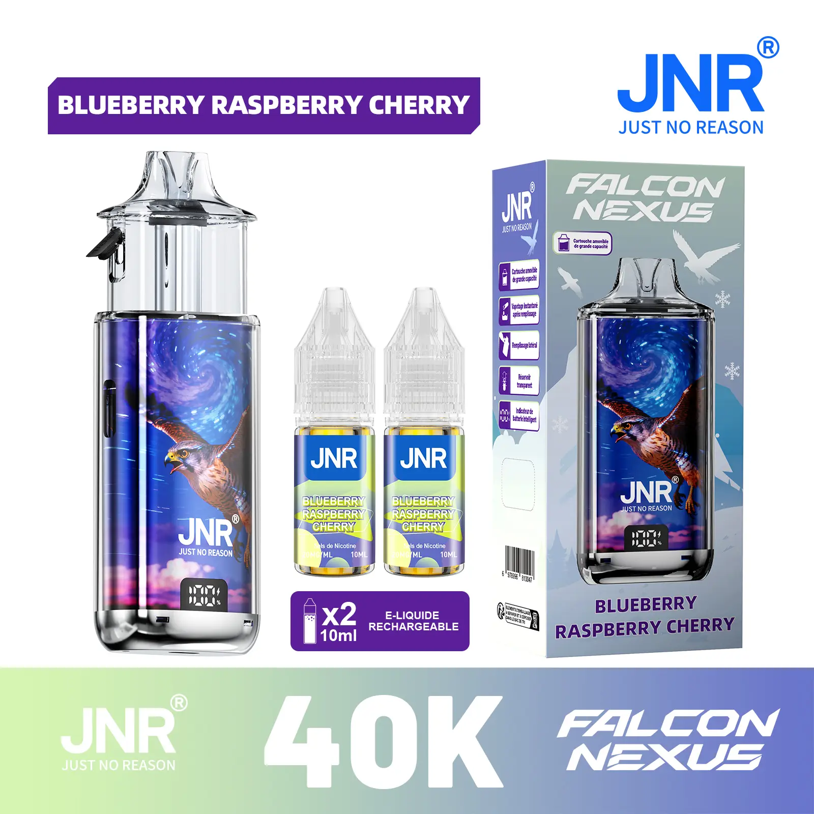 JNR Falcon Nexus 40000 Puffs - Kit Pod Amovible, Remplissable & Réservoir Transparent - JNR Official FR