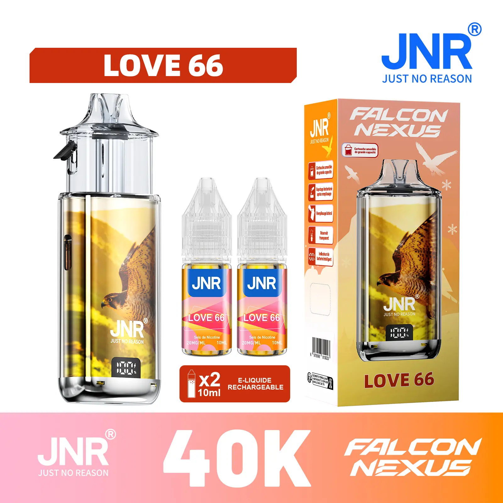 JNR Falcon Nexus 40000 Puffs - Kit Pod Amovible, Remplissable & Réservoir Transparent - JNR Official FR