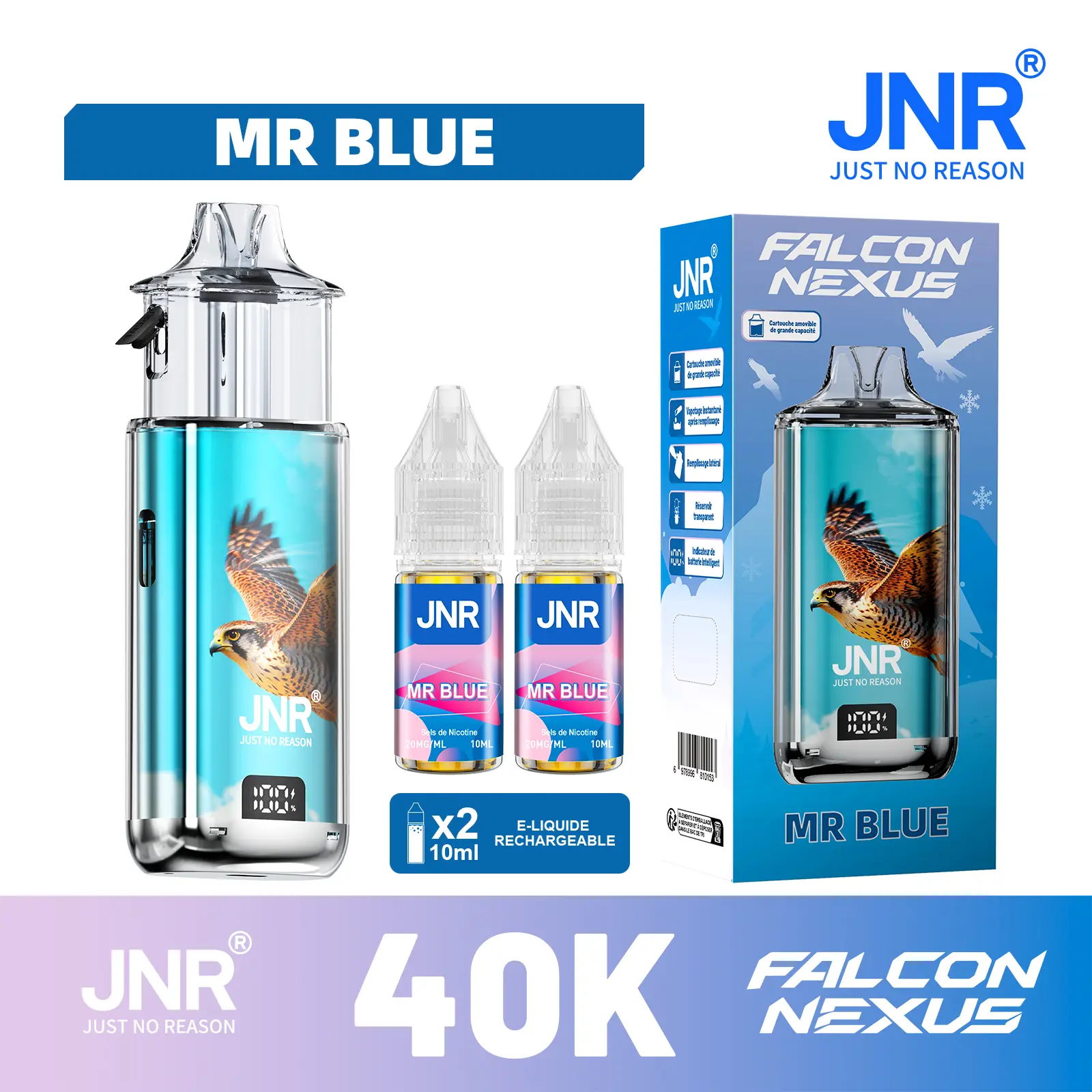 JNR Falcon Nexus 40000 Puffs - Kit Pod Amovible, Remplissable & Réservoir Transparent - JNR Official FR