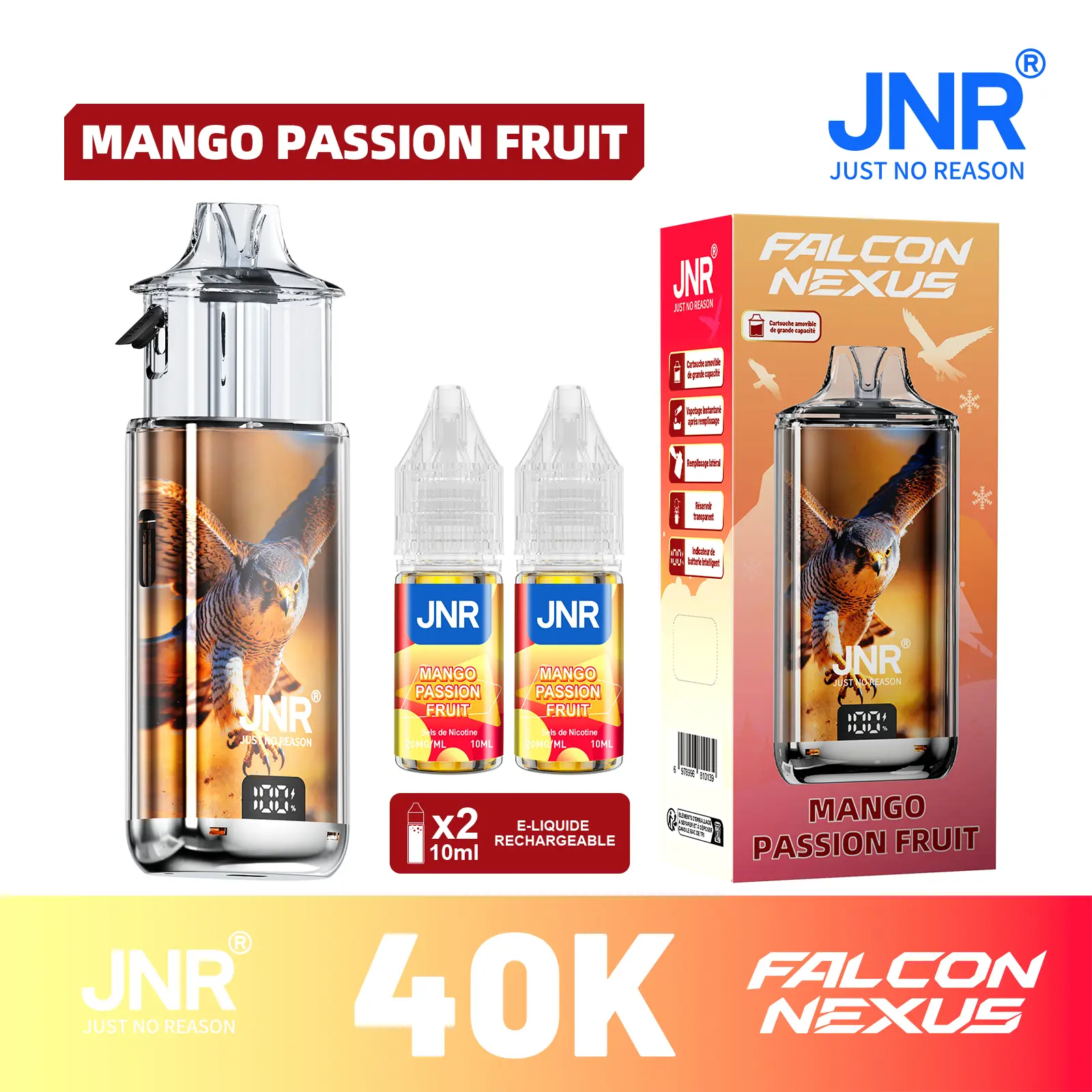 JNR Falcon Nexus 40000 Puffs - Kit Pod Amovible, Remplissable & Réservoir Transparent - JNR Official FR
