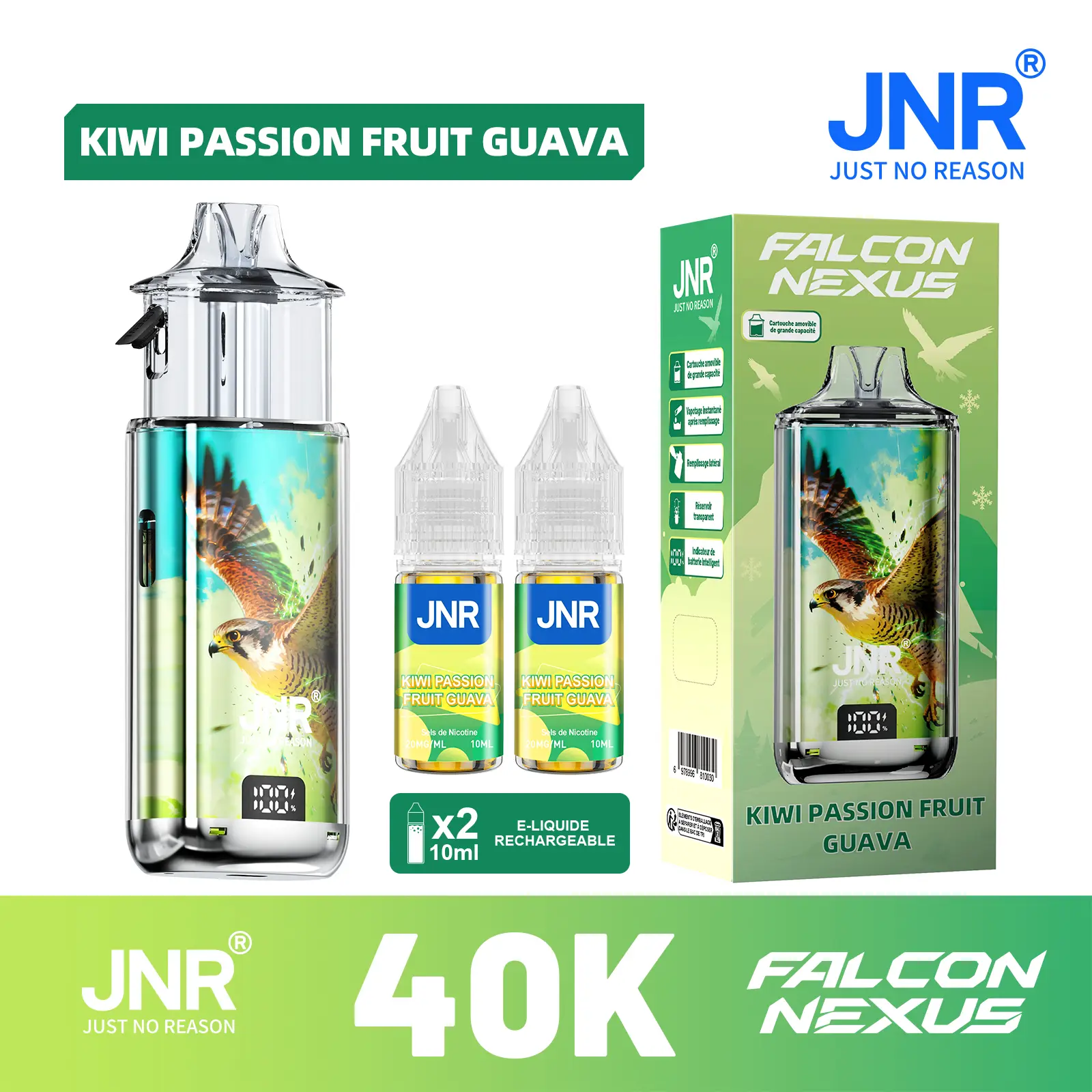 JNR Falcon Nexus 40000 Puffs - Kit Pod Amovible, Remplissable & Réservoir Transparent - JNR Official FR