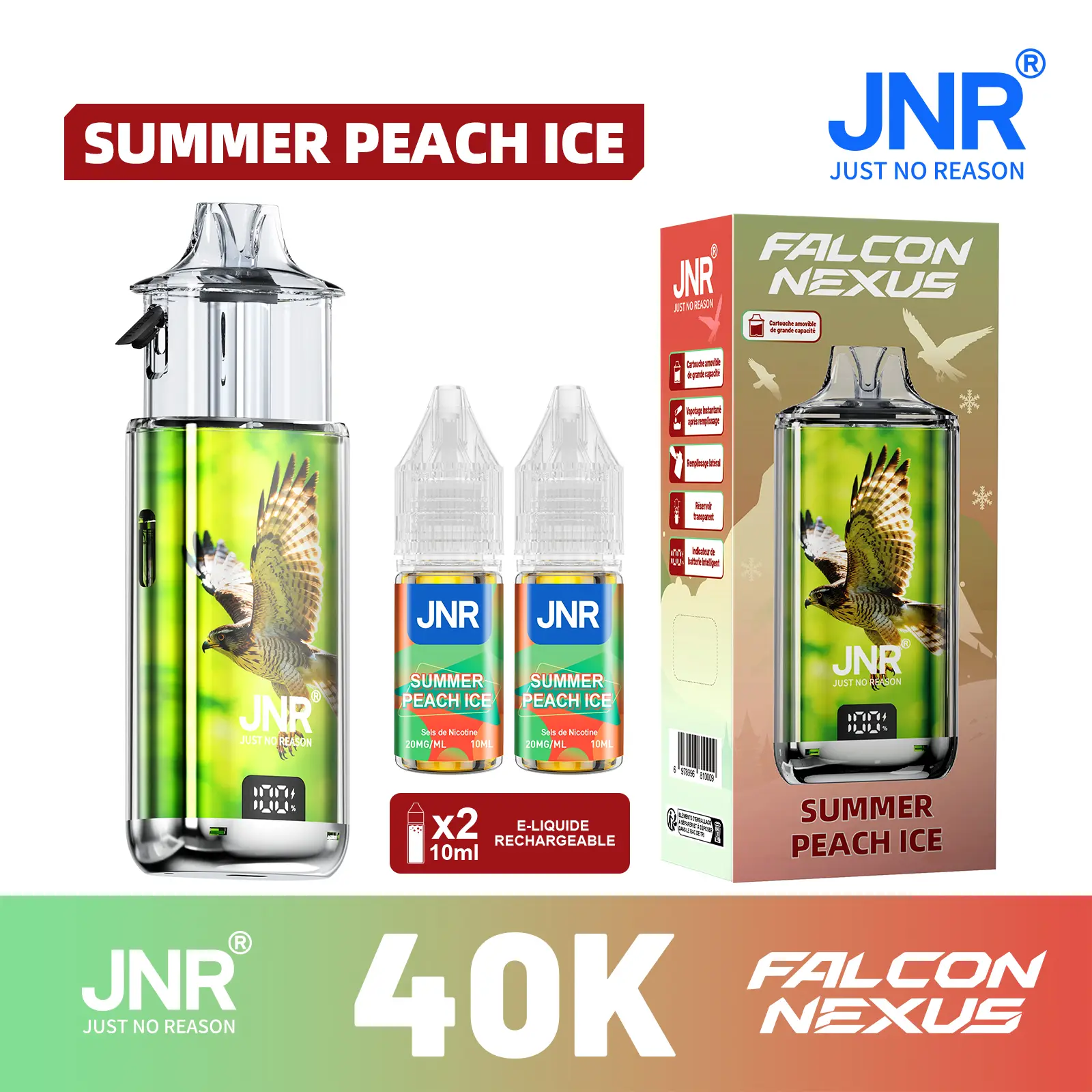 JNR Falcon Nexus 40000 Puffs - Kit Pod Amovible, Remplissable & Réservoir Transparent - JNR Official FR
