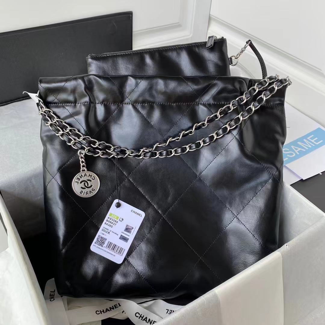 Chanel 22 AS3260 Small Bag Black Calfskin Silver Hardware
