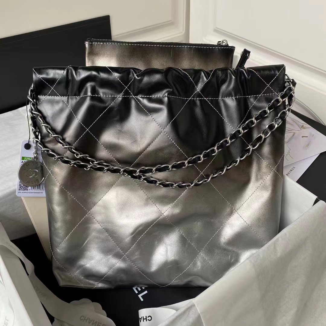 Chanel 22 AS3260 Small Bag Black and Silver Shiny Calfskin Silver Hardware