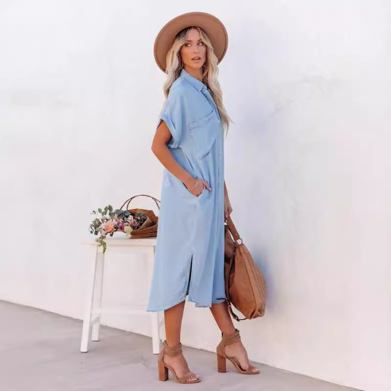 Fashion Solid Color Denim Short Sleeve Dress Mid-Length Split Shirt Dress
