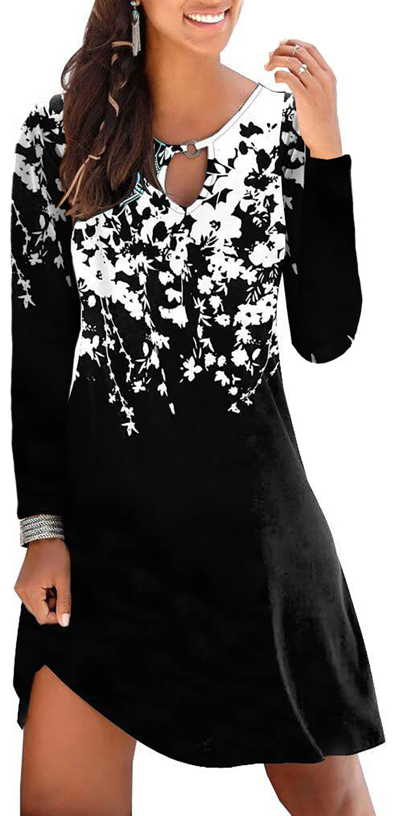 Casual and Sweet Printed round Neck Long Sleeve Dress with Pockets