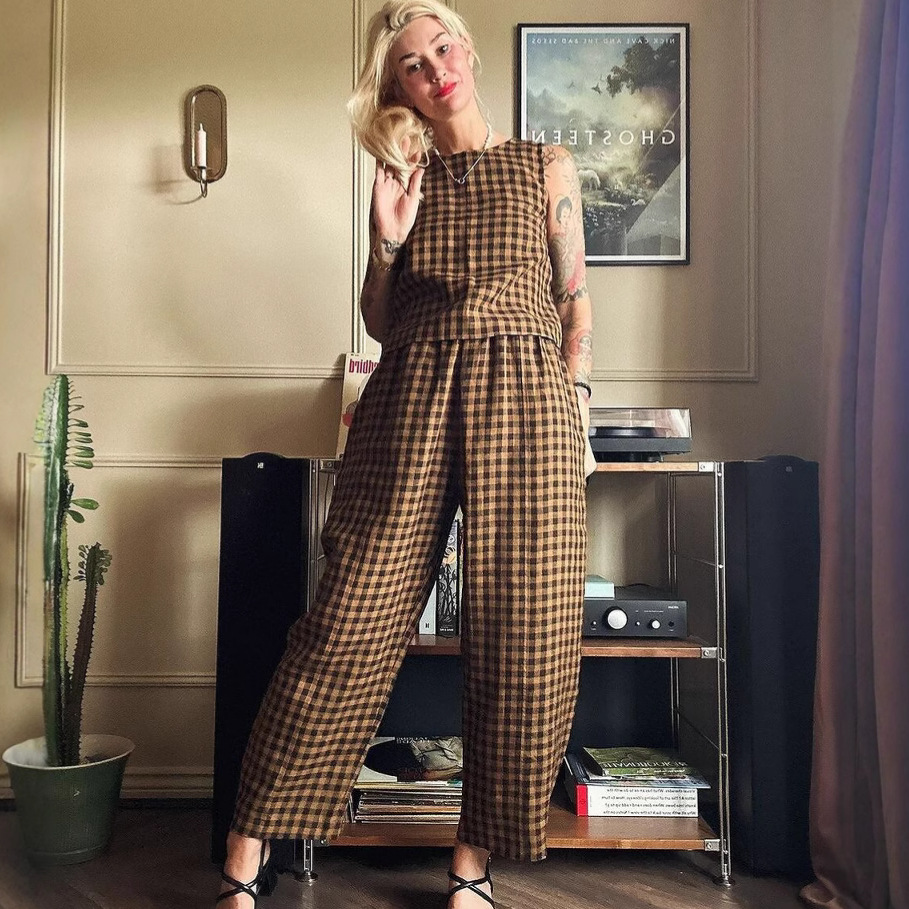 Printed Plaid Loose Casual Sleeveless Vest Trousers Set