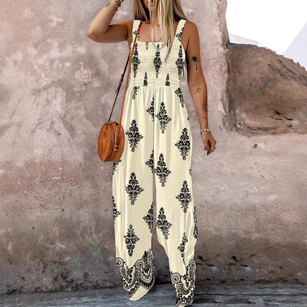Fashion Printed Suspender Waist Jumpsuit