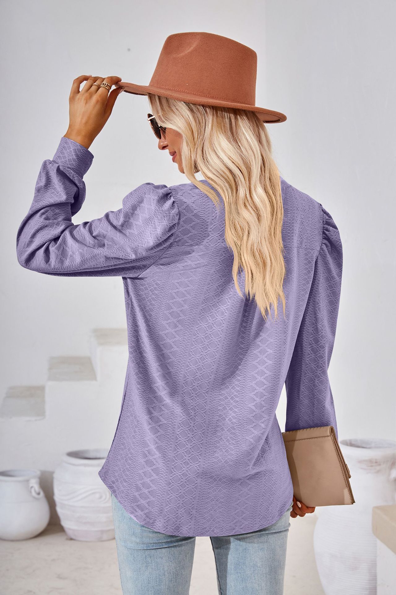 Solid Color and V-neck Jacquard Long Sleeve Loose T-shirt
