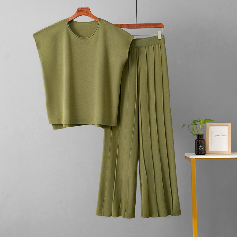 Solid Color Sleeveless Vest Knitted Sweater Wide-leg Pants Large Size Set