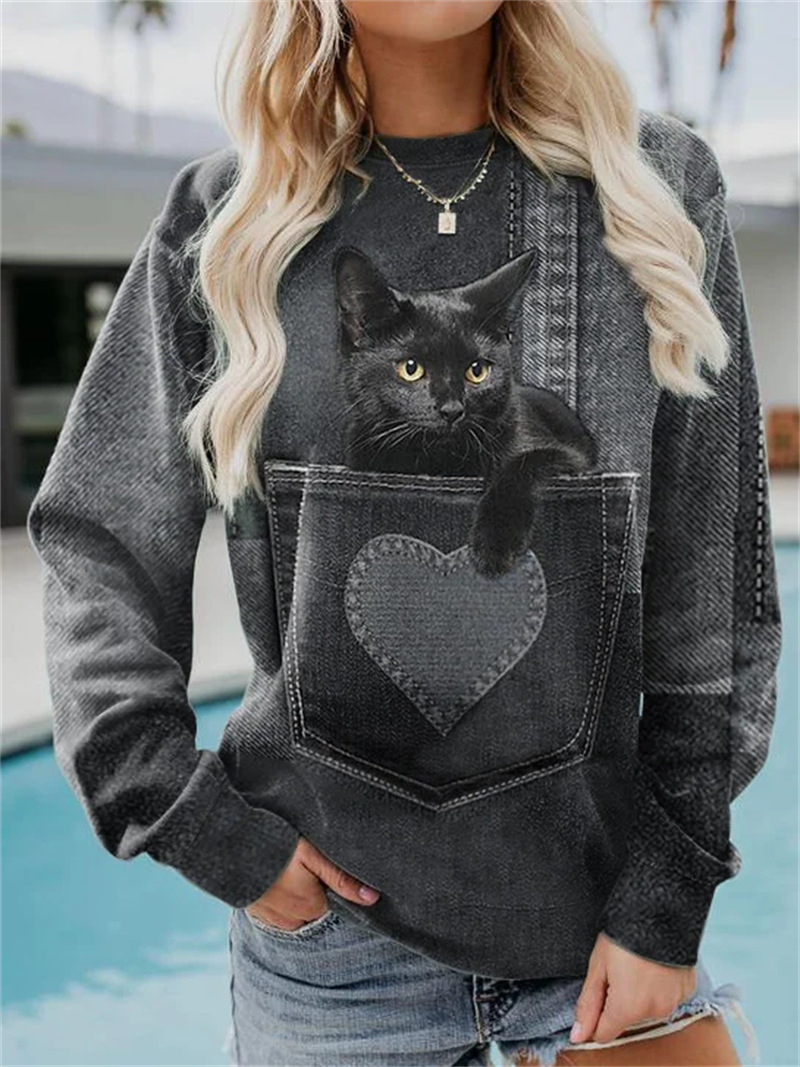 Animal Loose Imitation Denim Print Long Sleeve Crew Neck Sweater