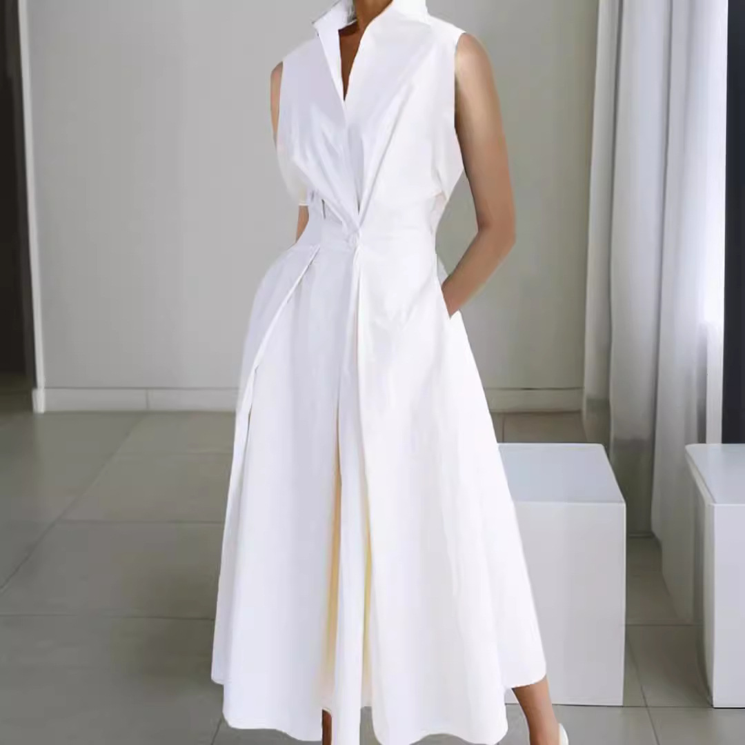 Fashion Solid Color and V-neck Button Swing Dress