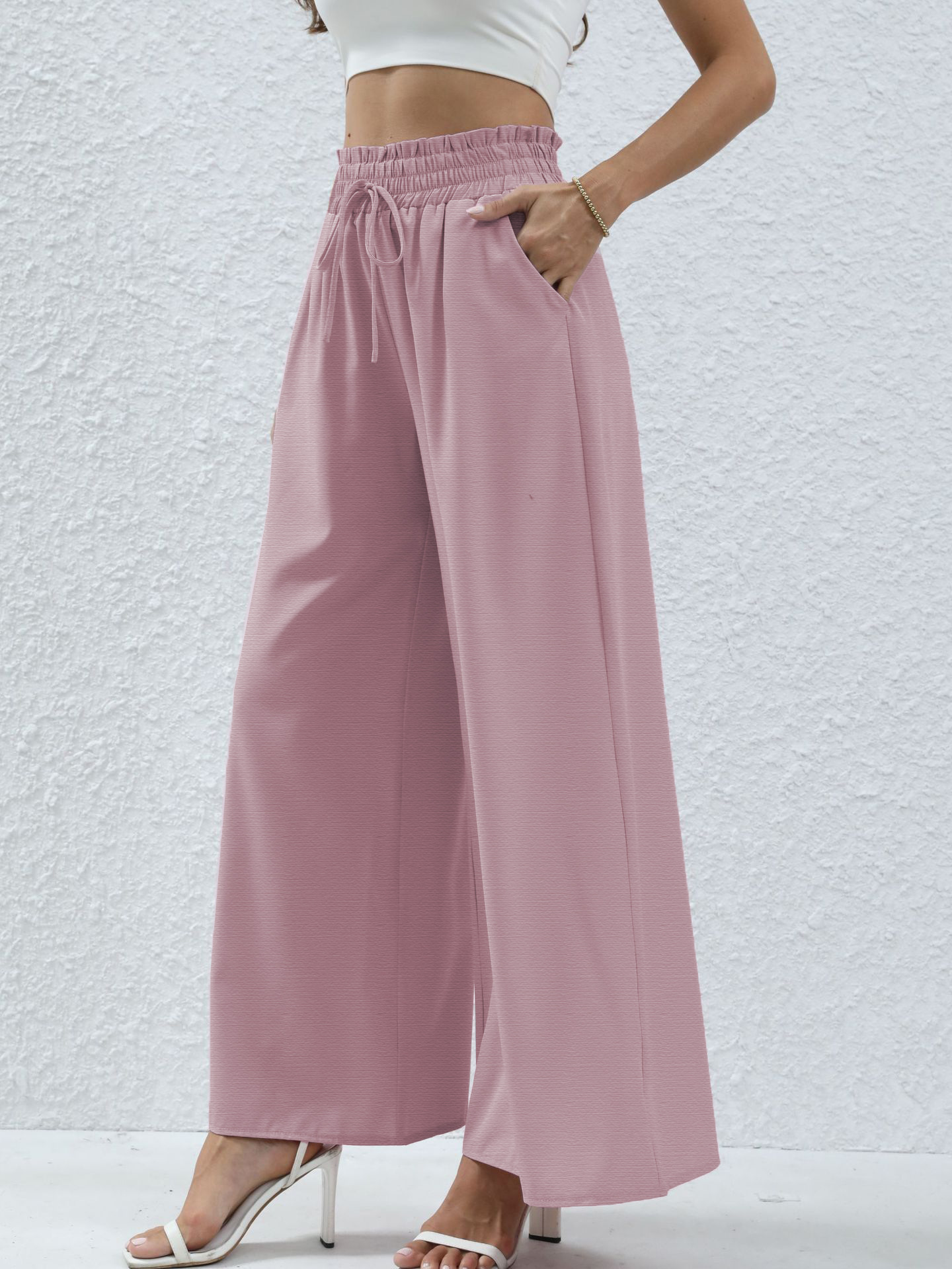 High Waist Casual Pocket Tied Pants