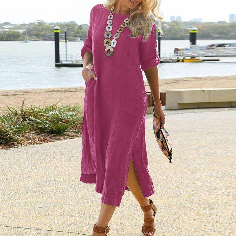 Casual Retro Long Shirt Dress Short Sleeve Slit Hemline at Hem Long Dress