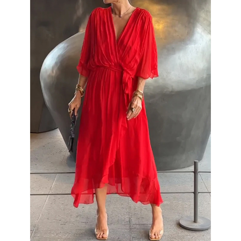 Plus Size Pure Color Tied Long Dress Batwing Sleeve Irregular Dress