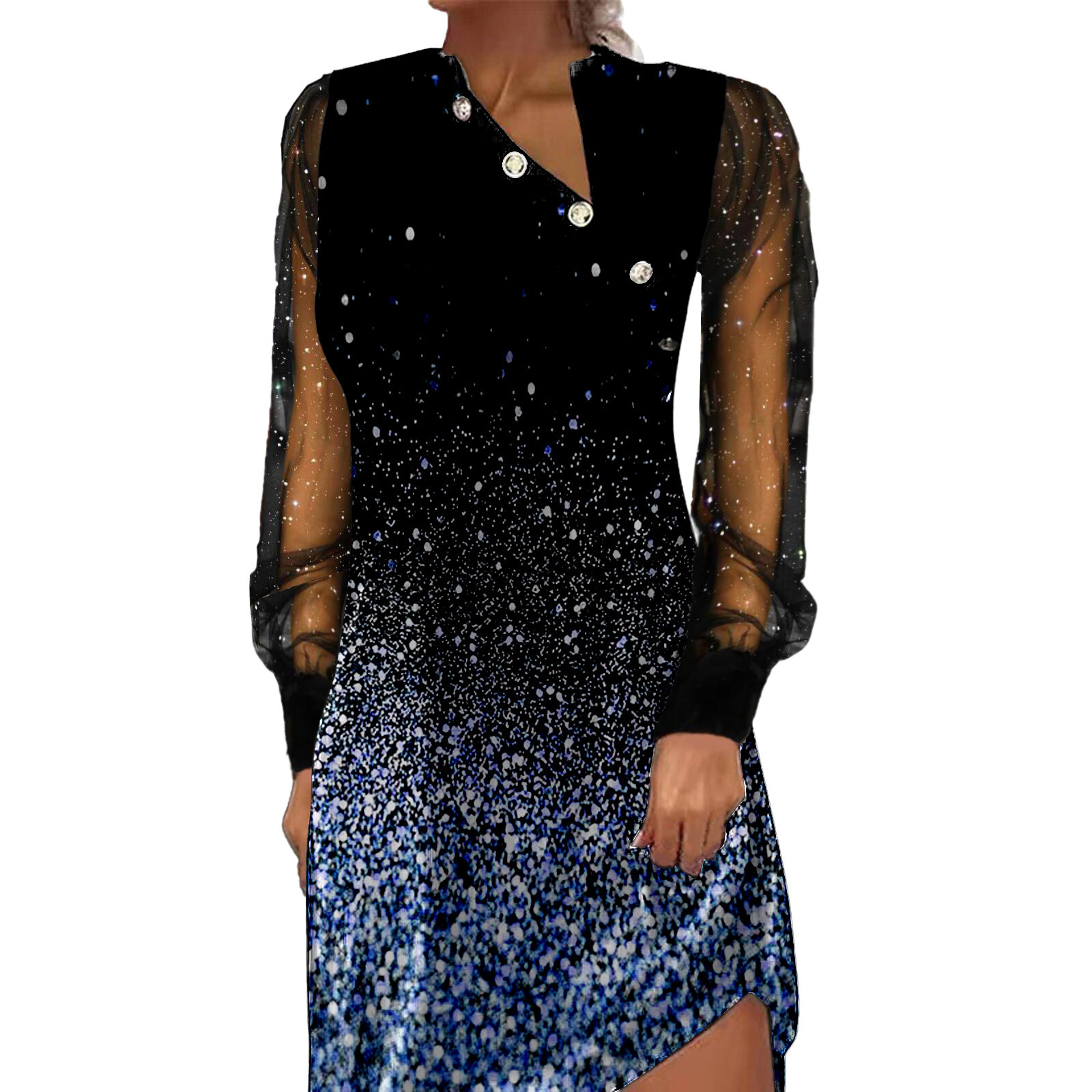 Button Mesh Stitching Digital Printing Long-Sleeved Dress