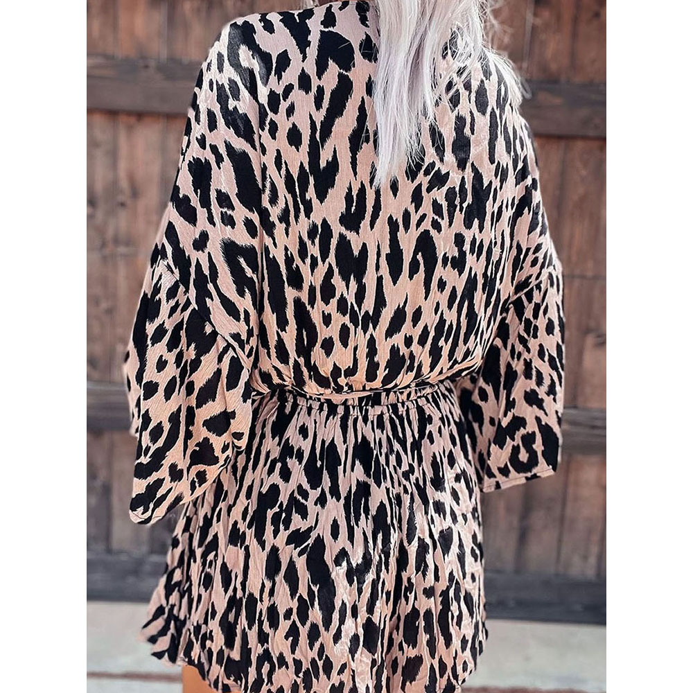 Lantern Sleeve Leopard Print Deep V-neck Long Sleeve Jumpsuit
