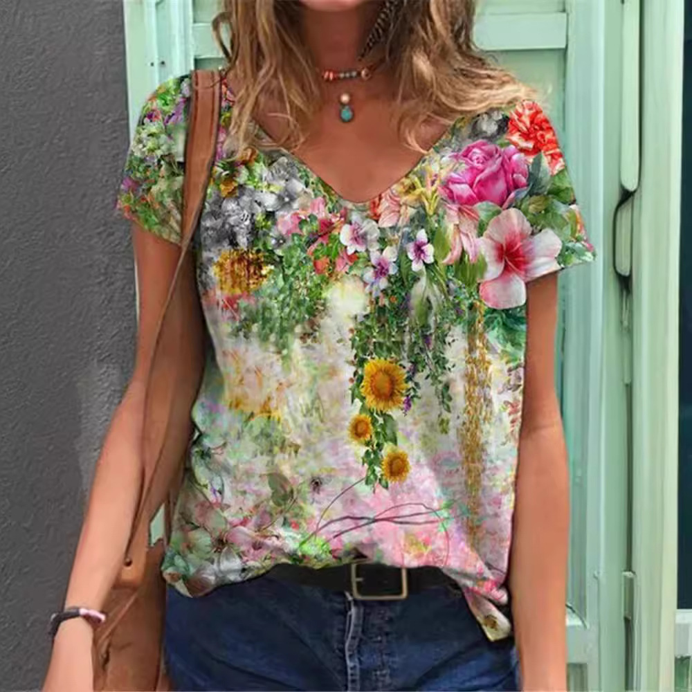 V-neck Digital Printing Short Sleeve Loose T-shirt