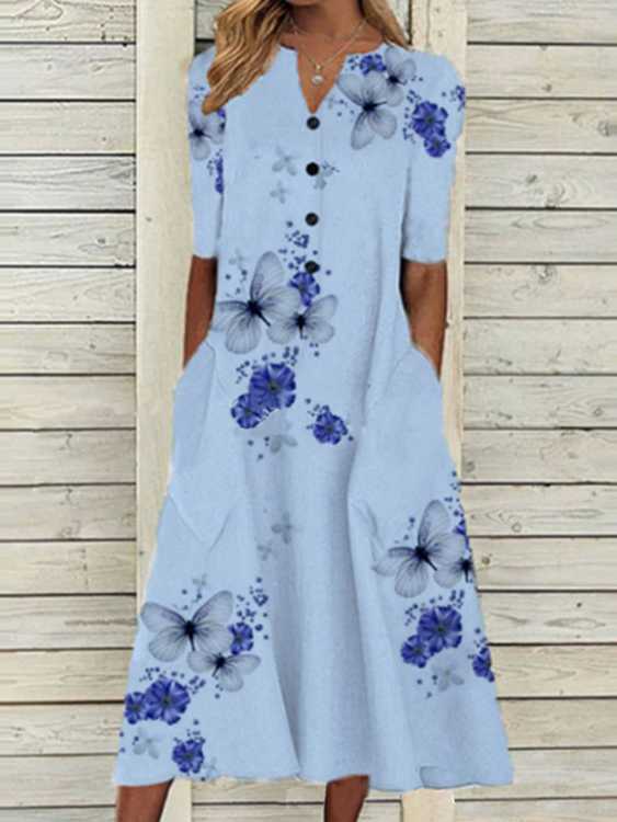 Casual Printed V-neck Loose Short Sleeve Dress
