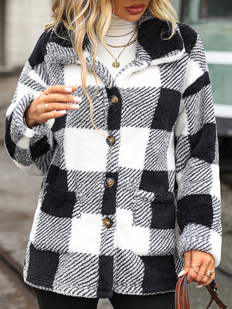 Lapel Long Sleeve Mid-Length Plaid Double-Sided Velvet Casual Jacket