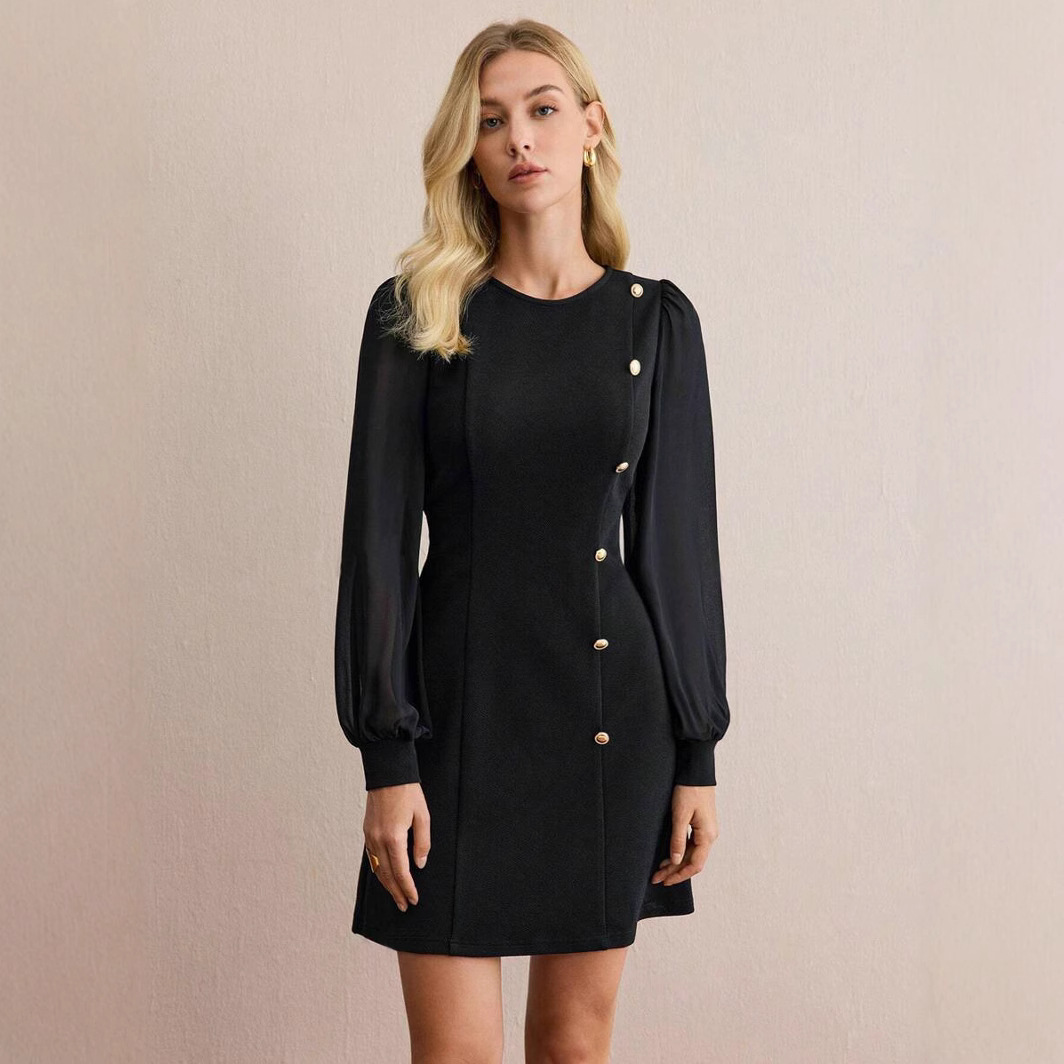 Crew Neck Nail Buckle Slim Fit Long Sleeve Solid Color Dress