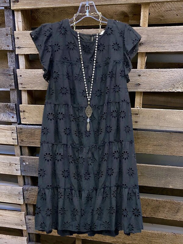 Hollow-out Floral Ruffled Gathers Jumpsuit Skirt