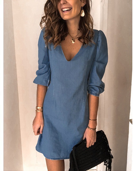 Solid Color and V-neck Half Sleeves Loose Casual Cotton and Linen Dress