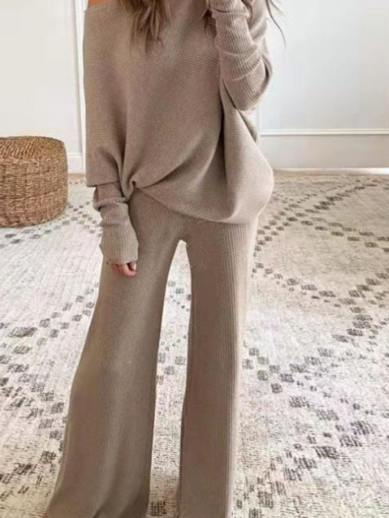 Spring and Autumn New Casual Solid Color off-Shoulder Knitting Suit