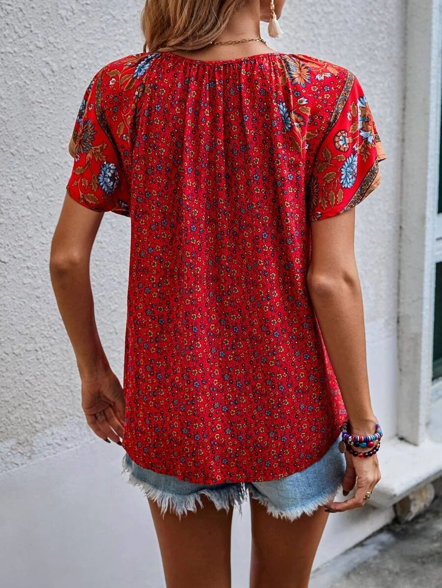 Casual National Style Printed V-neck Short Sleeve Loose Shirt