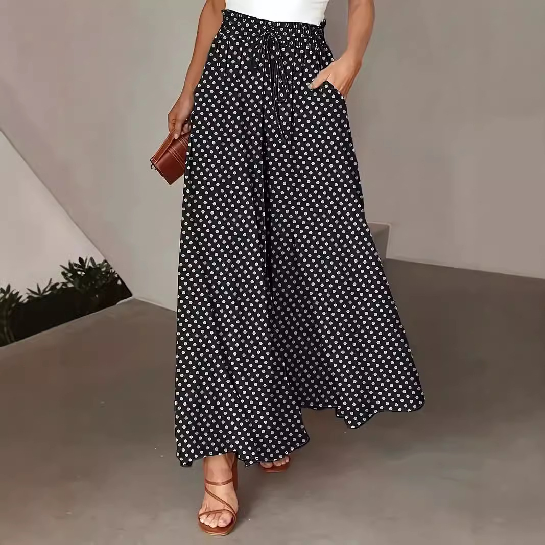 Bohemian Elastic Waist Polka-dot Print Wide-leg Pants