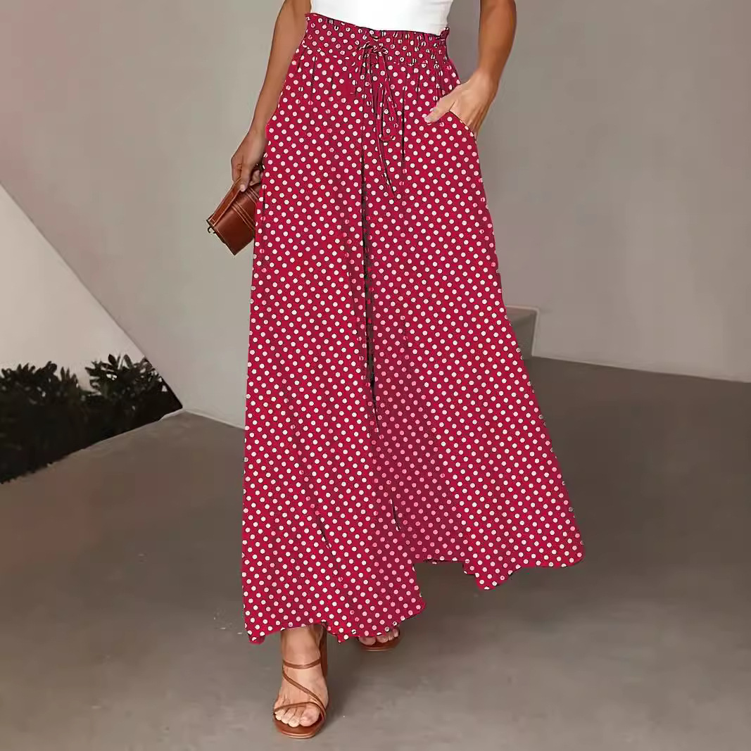 Bohemian Elastic Waist Polka-dot Print Wide-leg Pants