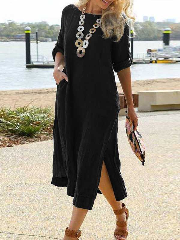 Casual Retro Long Shirt Dress Short Sleeve Slit Hemline at Hem Long Dress