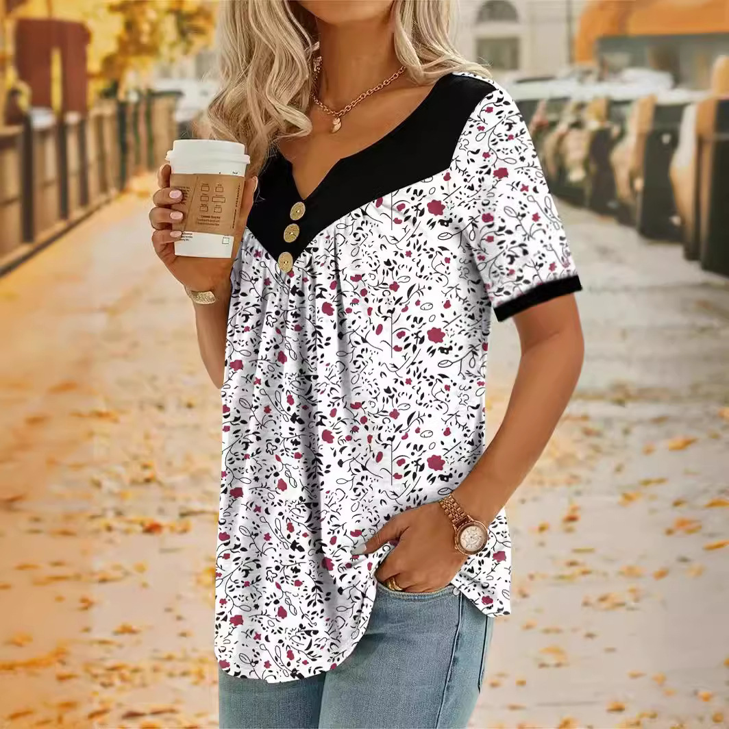 Floral Stitching Button Casual Short-Sleeved Top