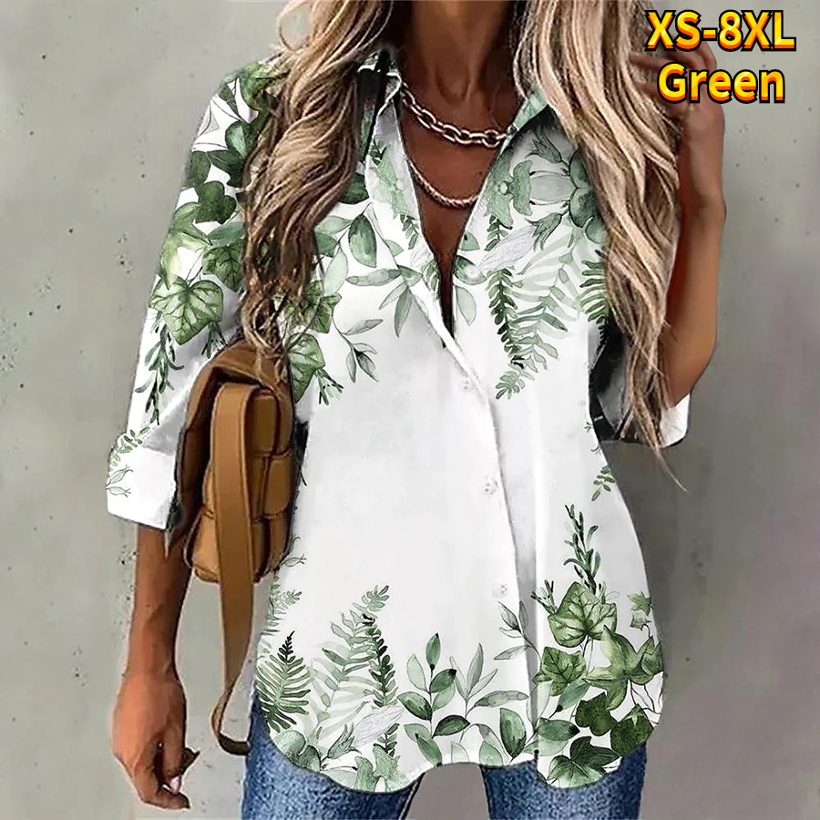 Leaves Printed V-neck Long Sleeve Button Shirt