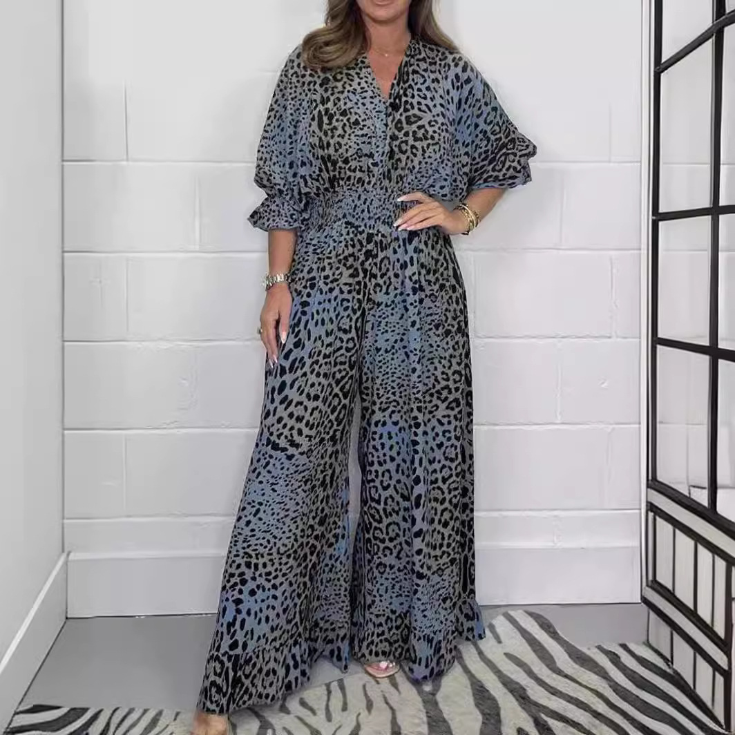 Fashion Leopard Print Casual Wide Leg Jumpsuit