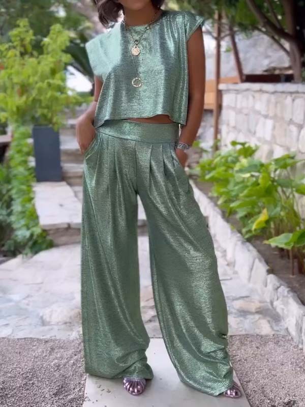 Casual Glossy Vest Wide Leg Pants Two-Piece Suit
