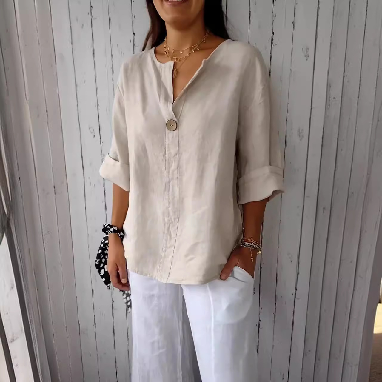 Loose V-neck Cotton and Linen Button Top