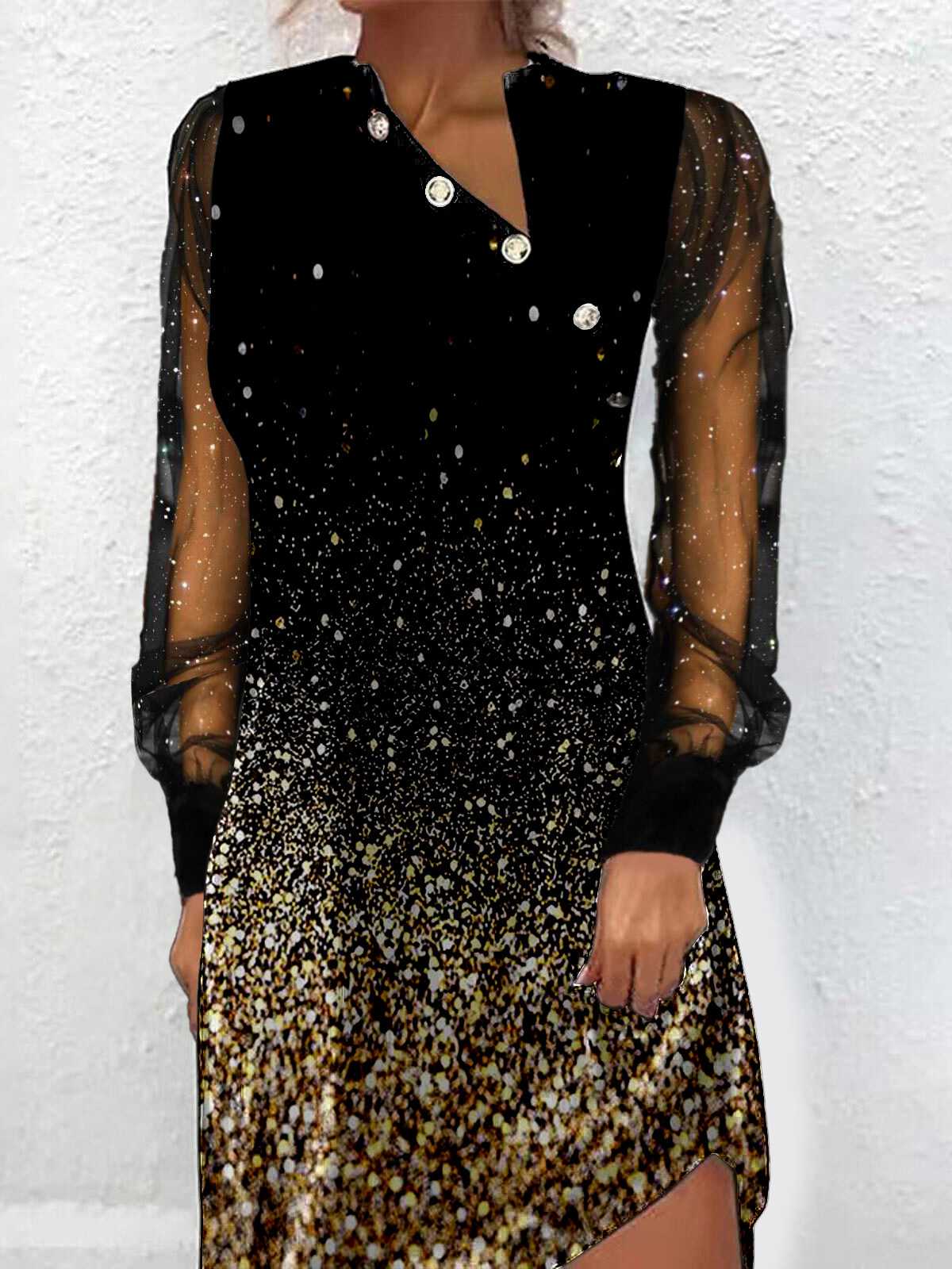 Button Mesh Stitching Digital Printing Long-Sleeved Dress