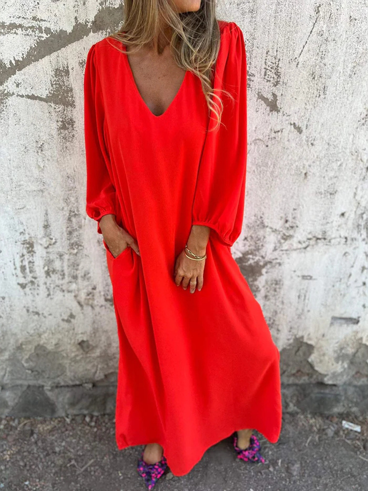 Casual Loose V-neck Solid Color Dress